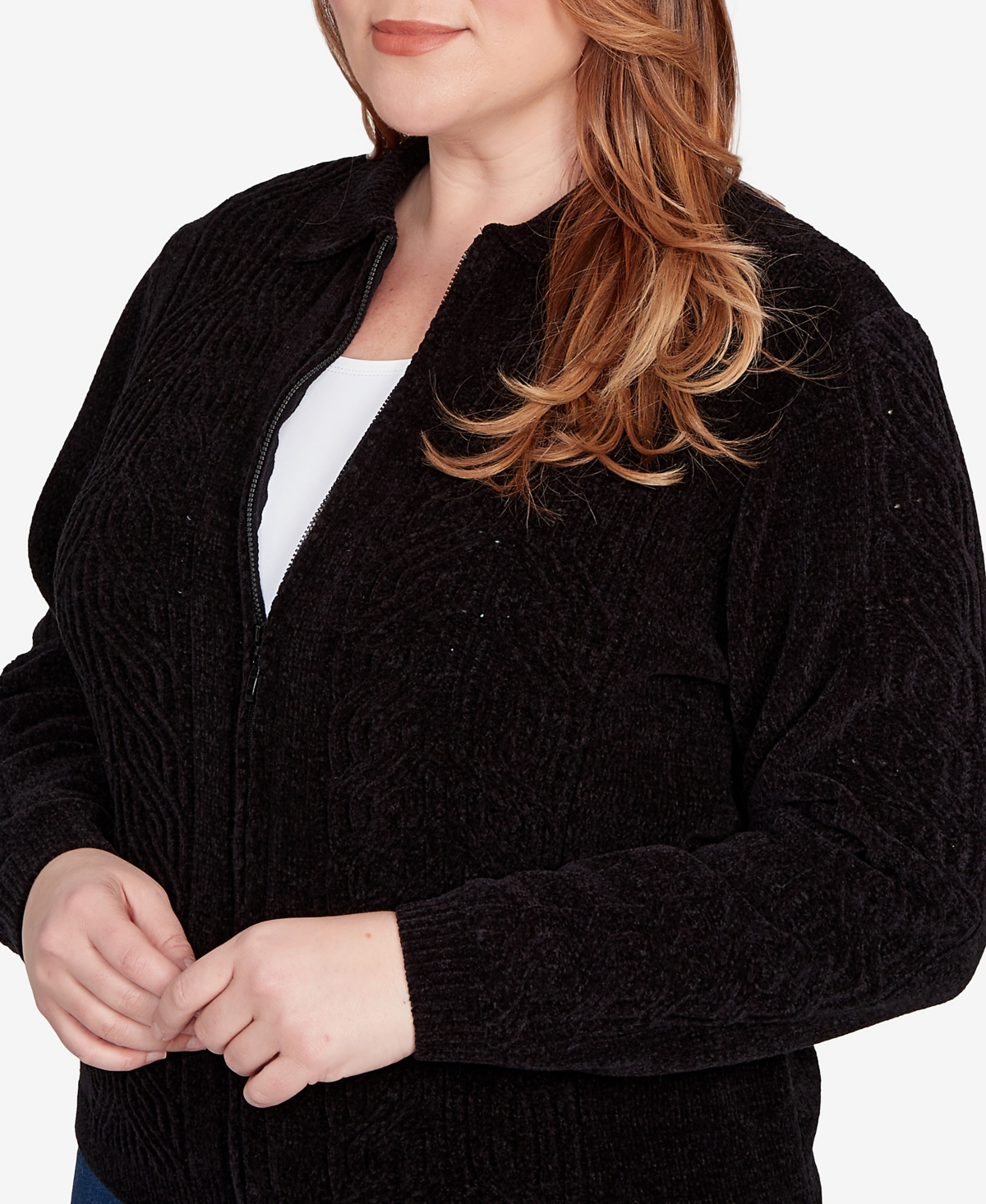 Alfred Dunner Plus Size Classic Zip-front Chenille Collared Cardigan Sweater In Black
