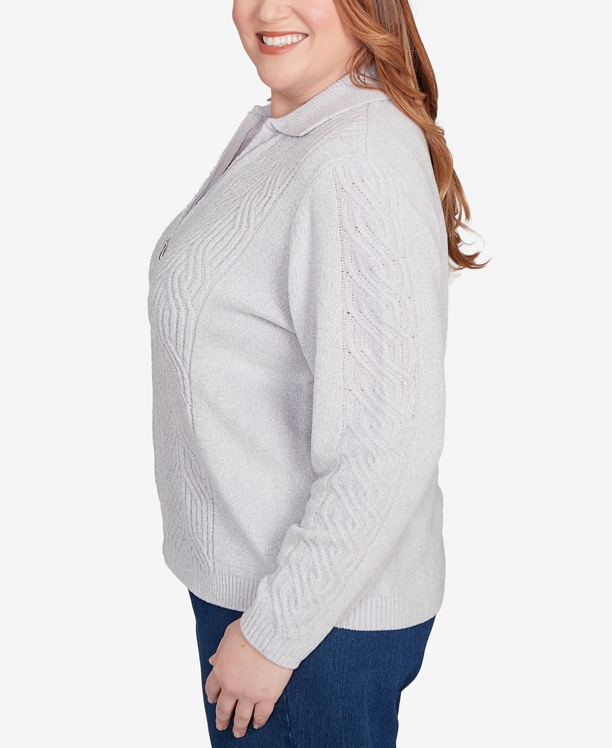 Alfred Dunner Plus Size Classic Zip-front Chenille Collared Cardigan Sweater In Gray