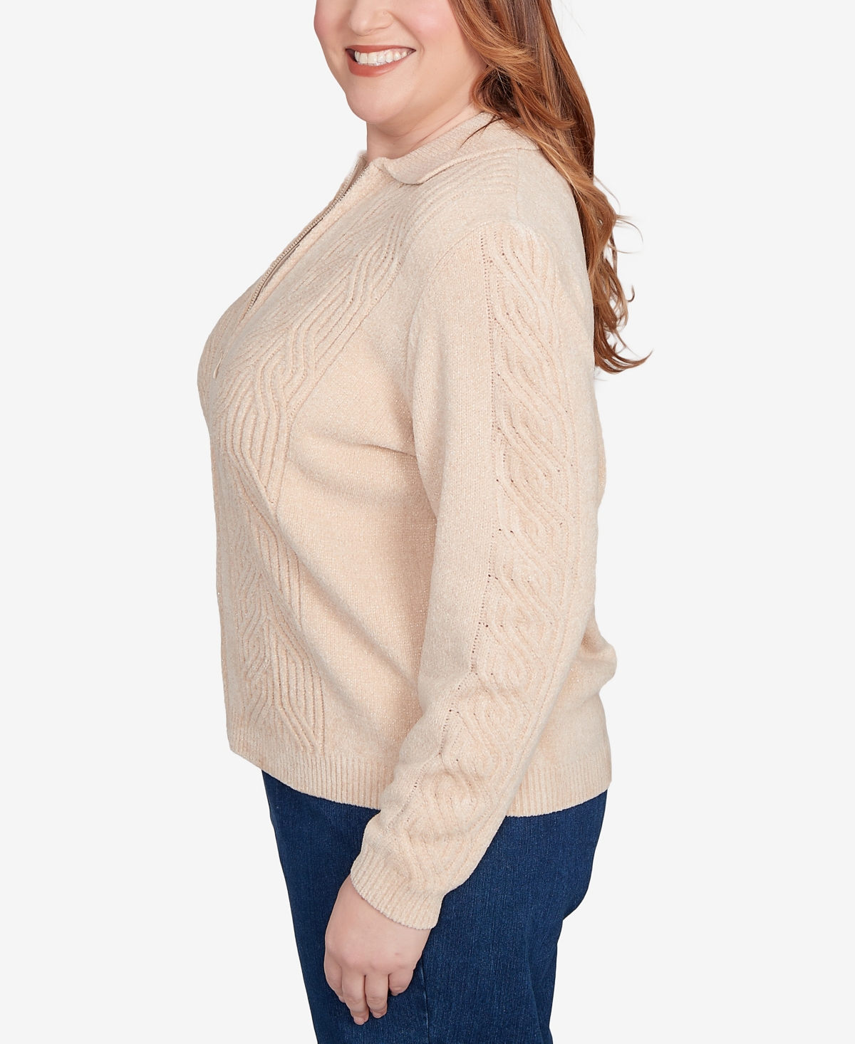 Alfred Dunner Plus Size Classic Zip-front Chenille Collared Cardigan Sweater In Brown