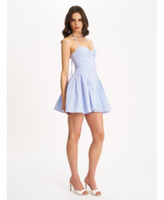 Women's Melody Baby Blue Railroad Stripe Halter Drop Waist Mini Dress