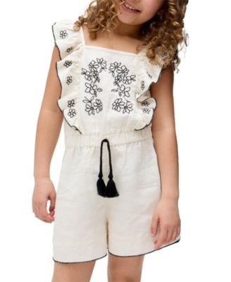 Raffya Kids Philo Ruffle Neck Embroidered Romper - Ecru