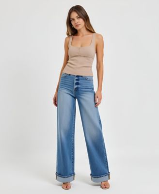 Women's Wide-Leg Button-Fly Cuffed Patch Pocket Jeans