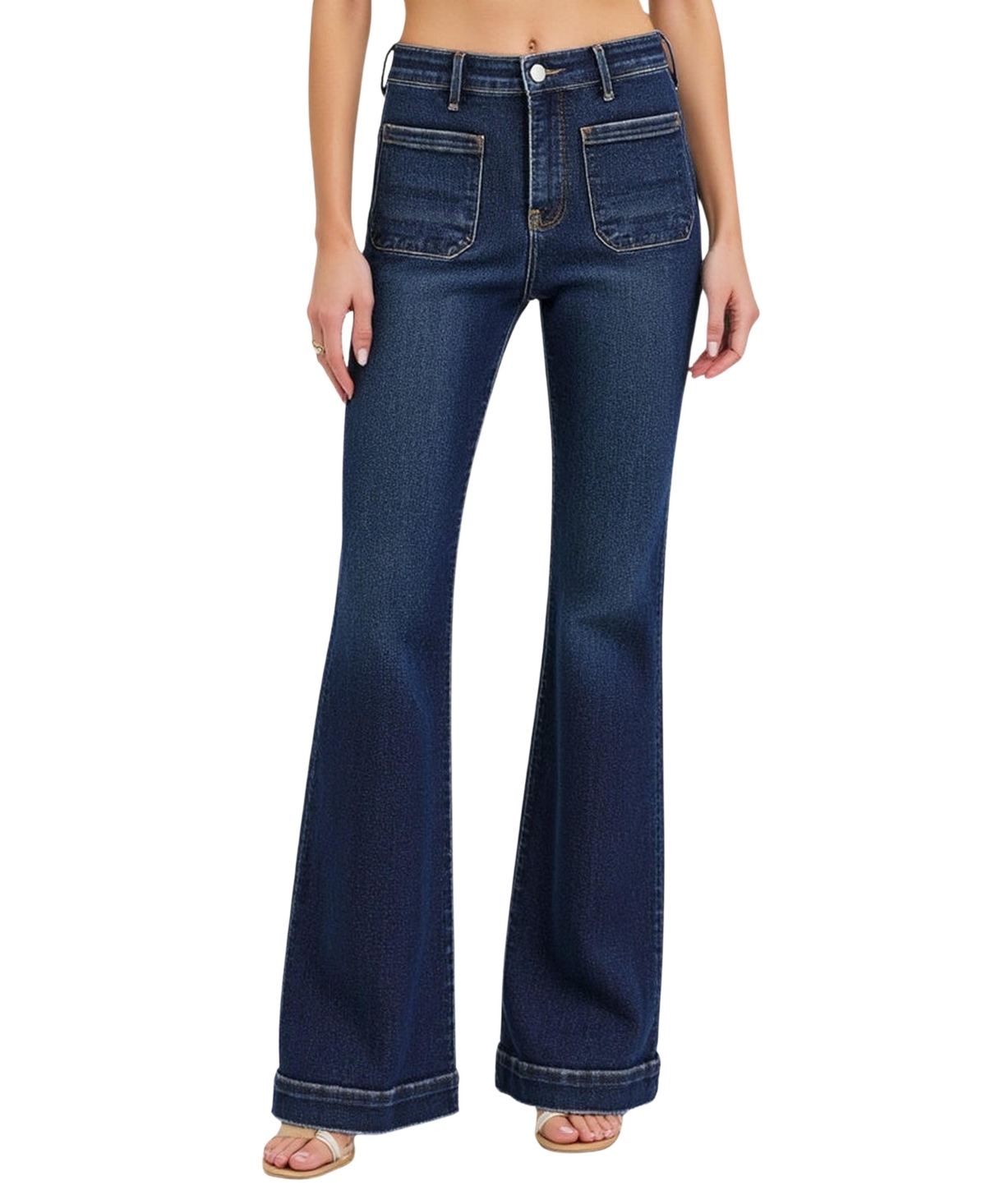 Women's High Waist Flare Front Patch Pocket Jeans - Dark blue