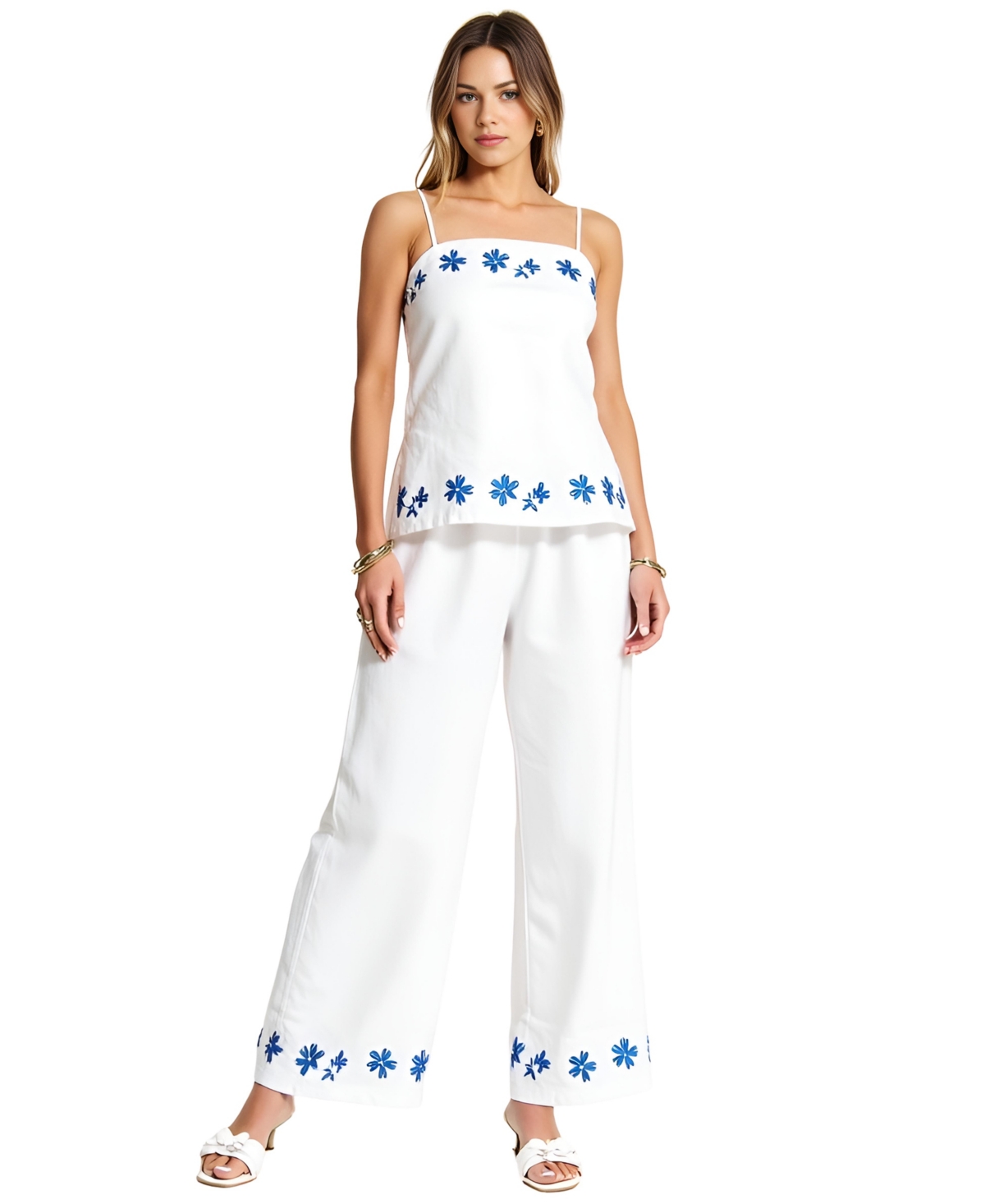 Women's Embroidered Floral Hem Camisole and Wide-Leg Pant Set - White
