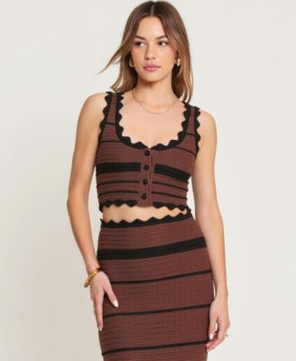 Women's Scallop Trim Crochet Striped Knit Crop Top and Maxi Skirt Set