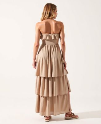 Women's Strapless Tiered Ruffle High Slit Maxi Dress