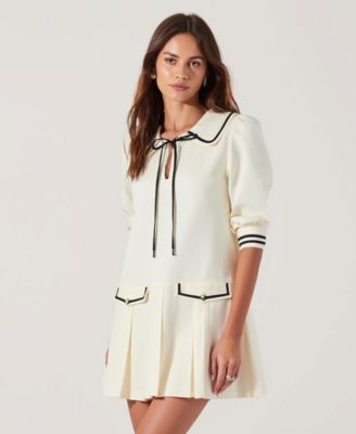 Women's Pleated Contrast Collar Bow Tie Mini Dress