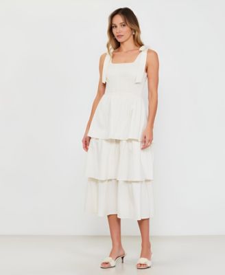 Women's Tiered Smocked Bow-Tie Shoulder Midi Dress