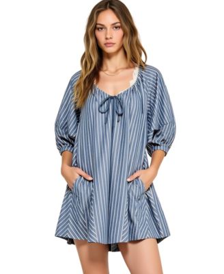 Women's Striped V-Neck Front Tie 3/4 Sleeve Romper