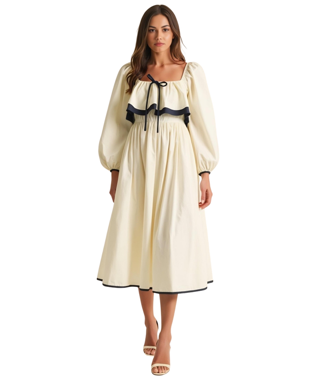 Women's Long Sleeve Ruffle Trim Tie Front Midi Dress - Off white/navy