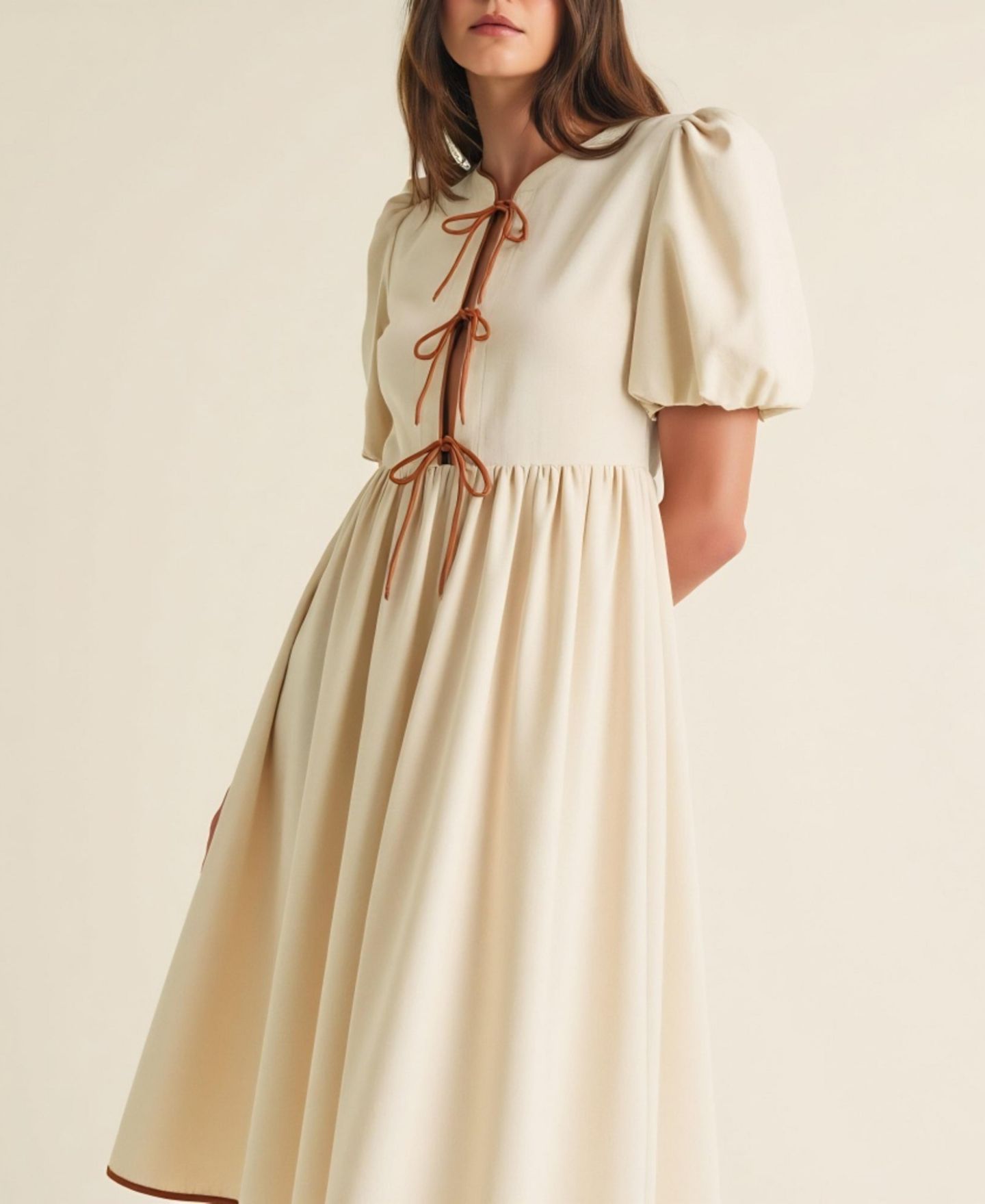 Женское платье Modenaire Puff Sleeve Contrast Tie Midi, цвет: Светлый бежевый — фото 5