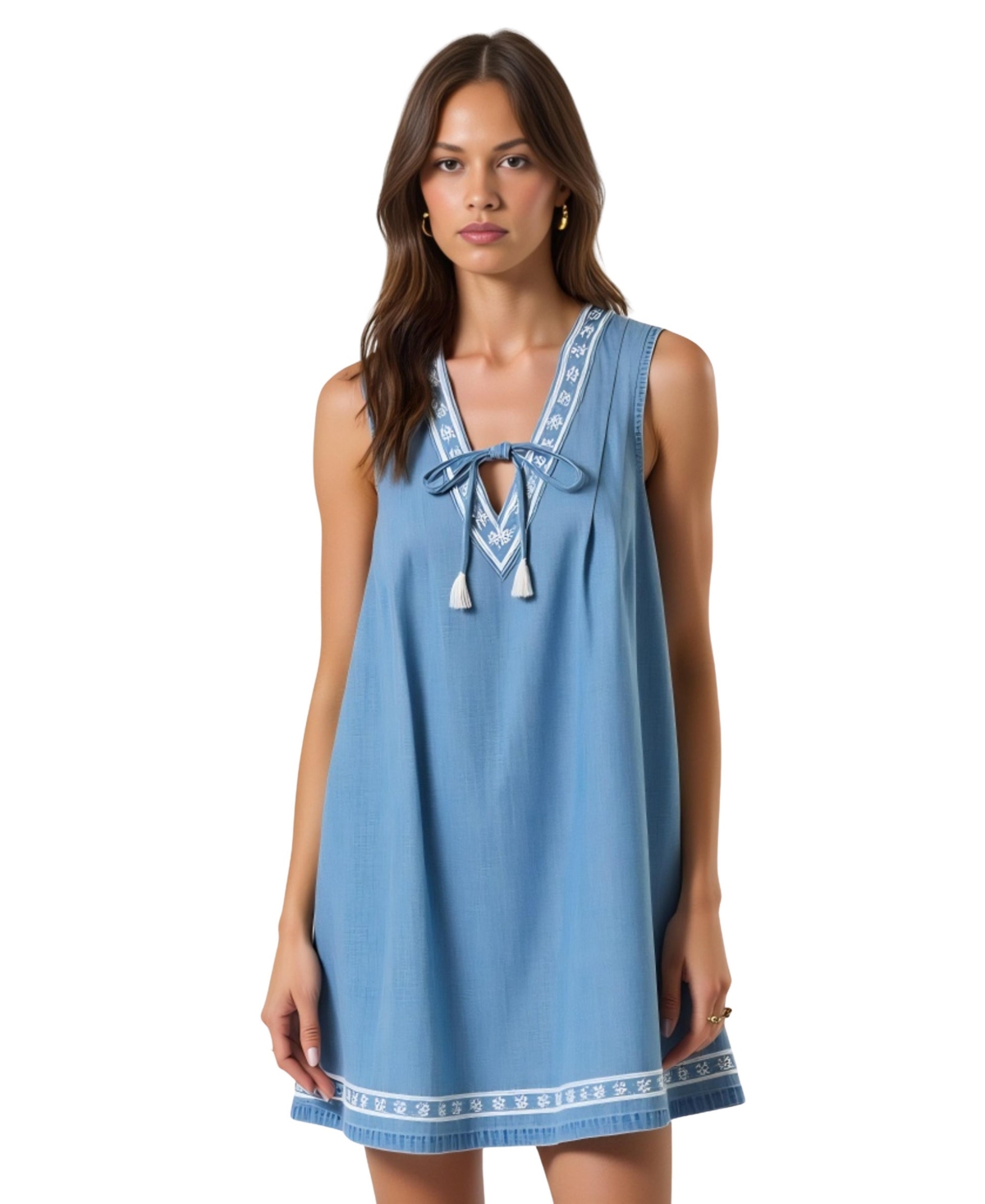 Women's Sleeveless Embroidered Trim Tie Front Mini Dress - Blue