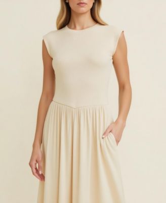 Women's Cap Sleeve Knit Bodice Midi Dress with Pockets