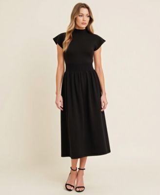 Women's Scallop Edge Mock Neck Sleeveless Knit Midi Dress