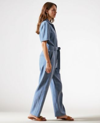 Women's Paisley Print Belted Short Sleeve Button Front Jumpsuit