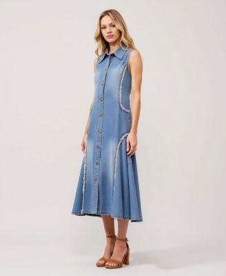 Women's Sleeveless Frayed Seams Button Front Midi Dress