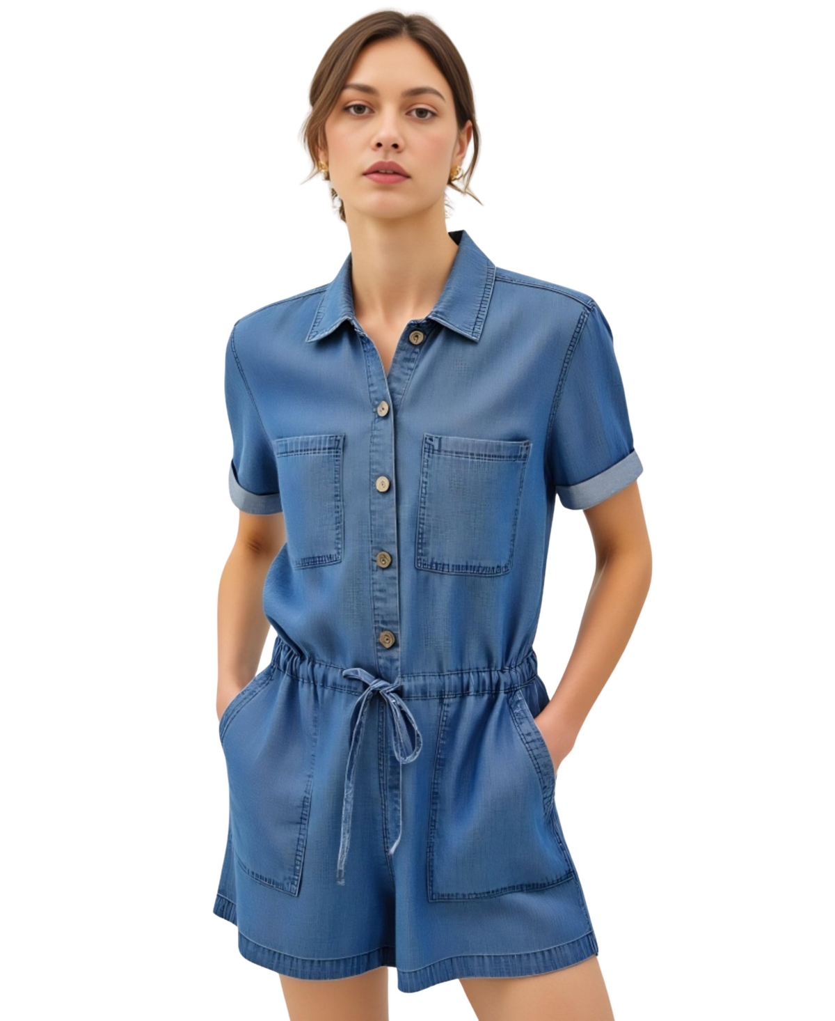 Women's Utility Button-Up Drawstring Waist Romper - Blue