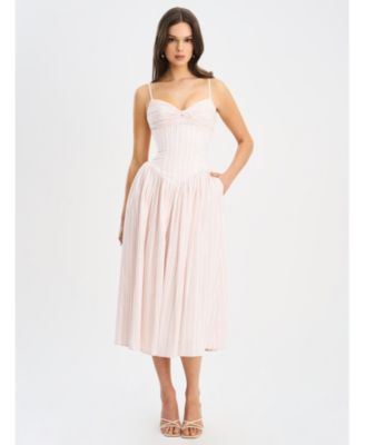 Women's Zania Pink Stripe Ruched Breast Cotton Jacquard Midi Dress