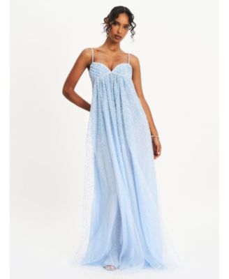 Women's Wallie Baby Blue Rhinestone Embellished Mesh Backless Gown