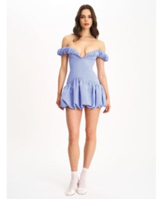 Women Sablee Checkered Puffy Off Shoulder Trim Bubble Hem Mini Dress