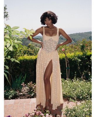 Women's Ulissa Orange Square Neck Jacquard Textured High Slit Maxi Dress