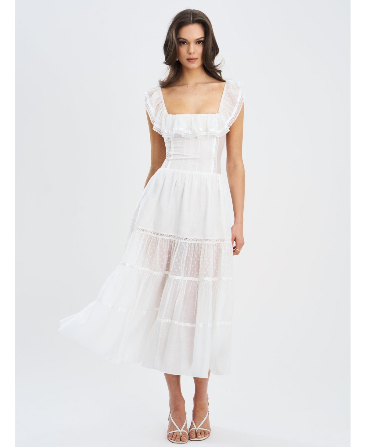 Women Eden Square Neck Ruffle Trim High Waist Midi Dress - White