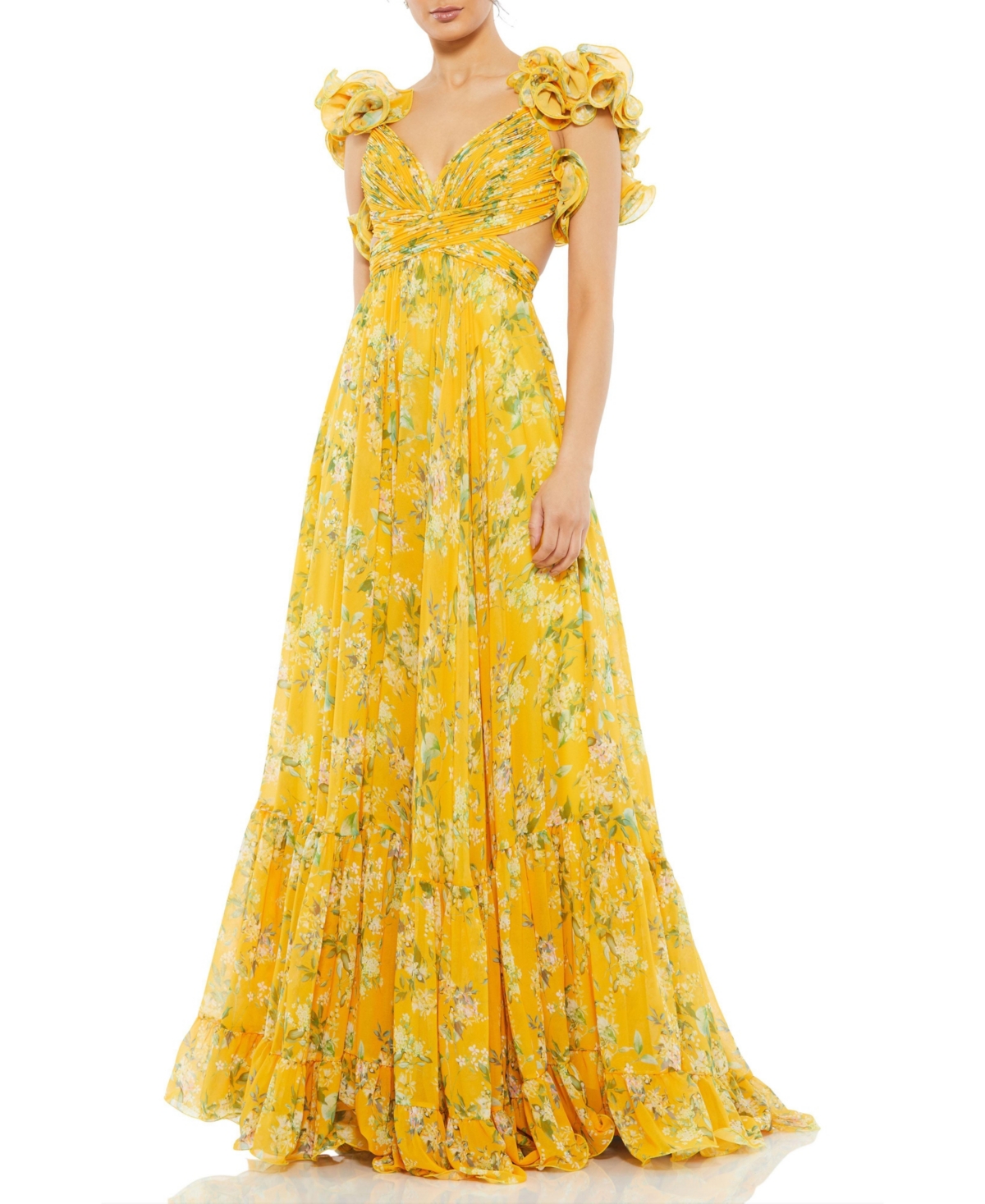 Mac Duggal Women's Pleated High Neck Raglan Long Sleeve Side Slit Gown