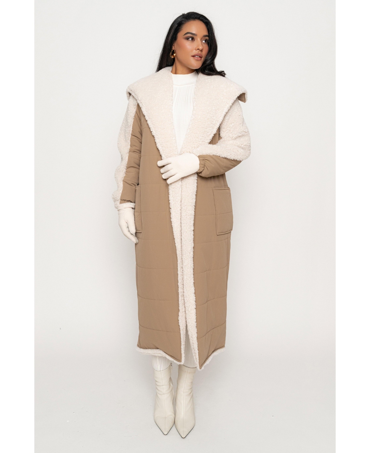 Women's Contrast Sherpa Coat - Black/ivory