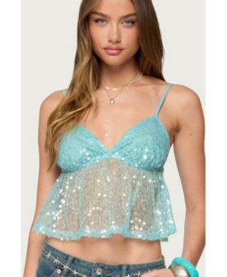 Women's Sheer Sequin Babydoll Tank Top
