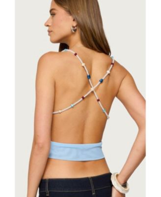 Women's Beaded Deep Cowl Neck Backless Top