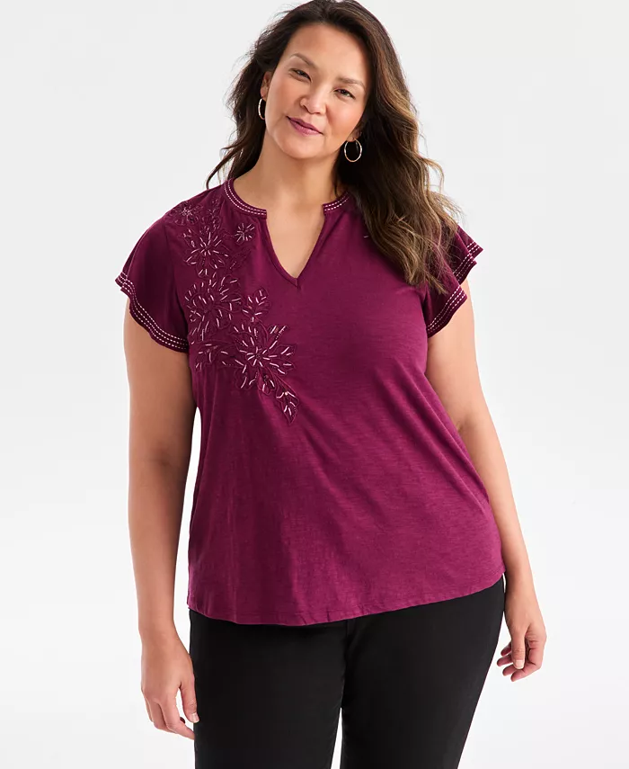 Plus Size Embroidered Flutter-Sleeve Knit Top - thumbnail 3
