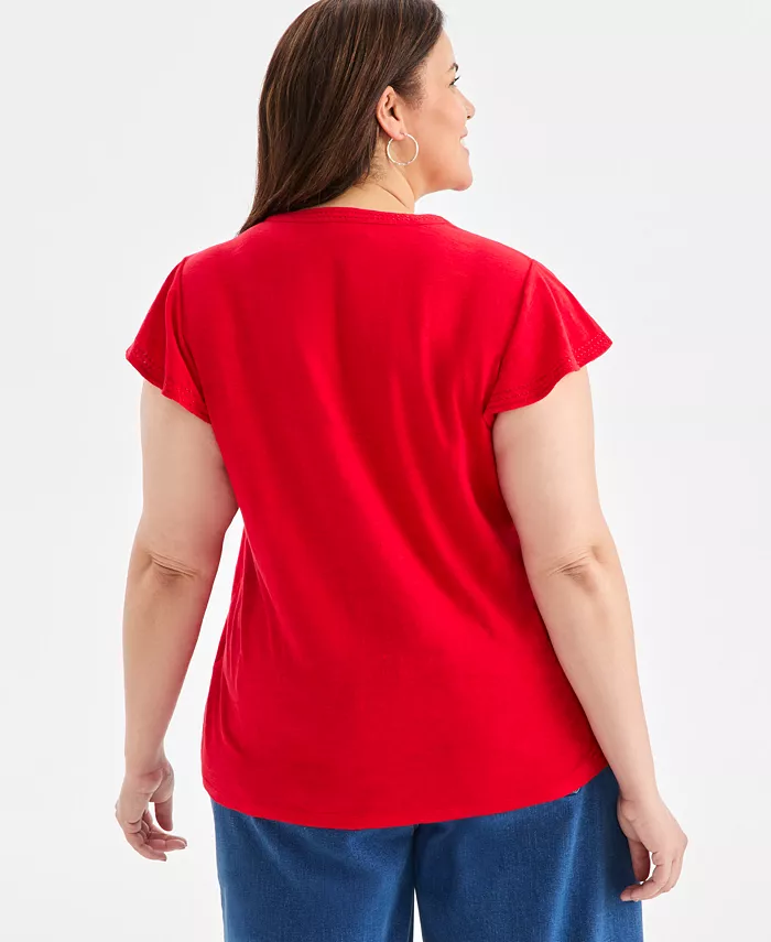Plus Size Embroidered Flutter-Sleeve Knit Top - thumbnail 2