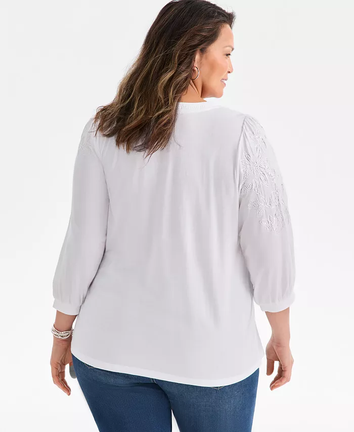 Plus Size Floral Embroidery Shine Knit Top - thumbnail 2