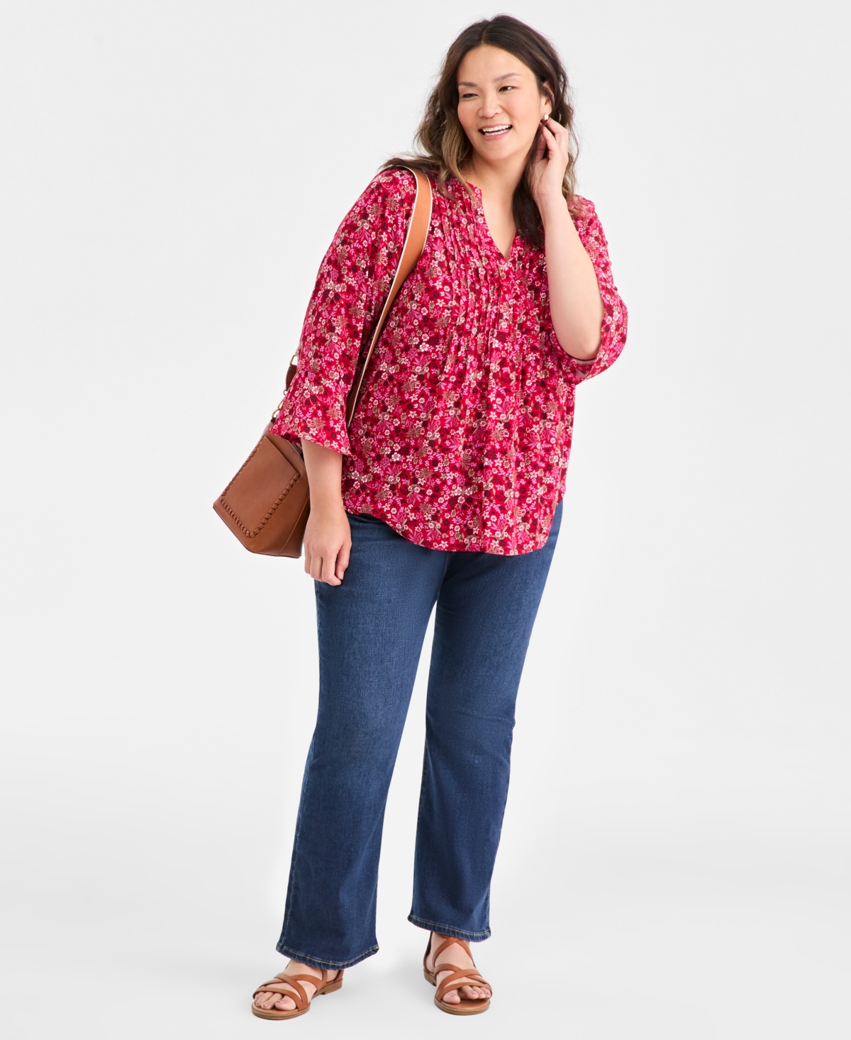 Style & Co Plus Pleated Ditsy-Print Top, Macy's Exclusive
