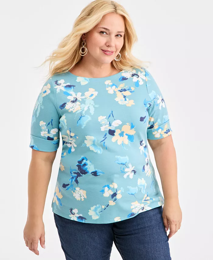 Plus Size Boat-Neck Cuffed-Sleeve Top