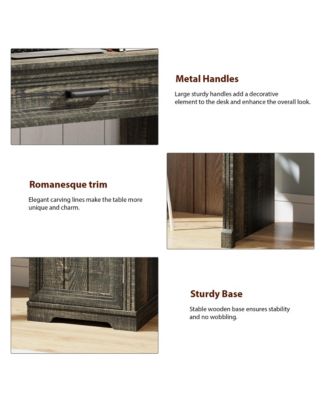 Vanity desk with mirror and storage drawers.