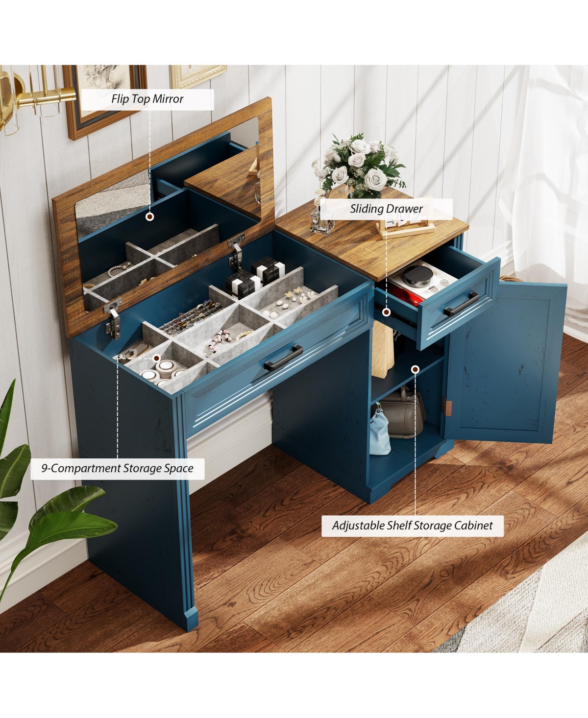 Vlsrka Vanity desk with mirror and storage drawers.