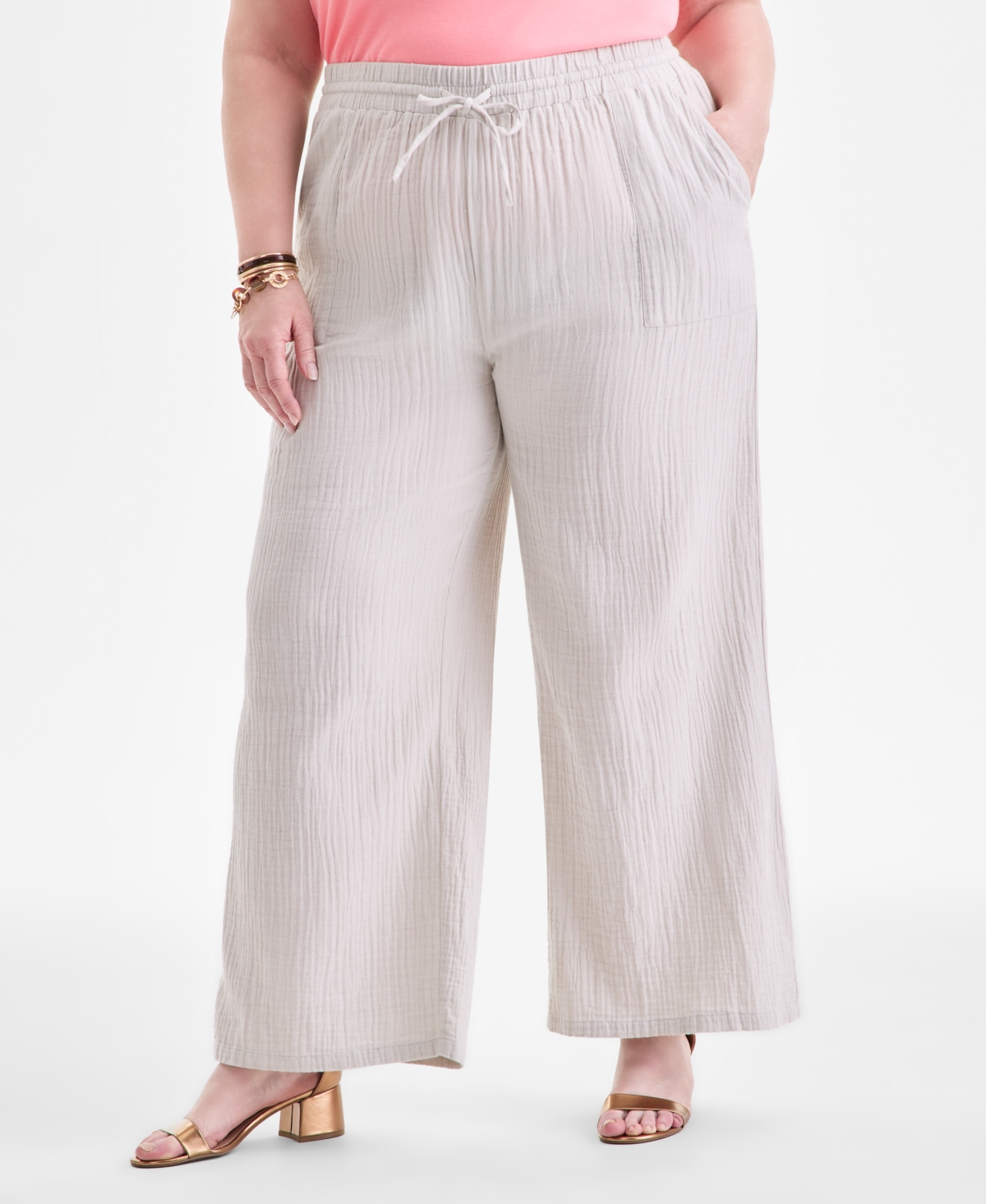 Style & Co Plus Size Gauze Wide-leg Pull-on Pants, Created For Macy's In White