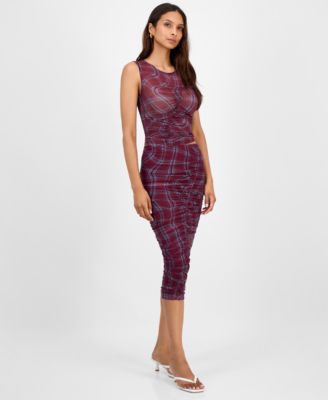 Women's Plaid Mesh Ruched Bodycon Midi Skirt, Macy's Exclusive