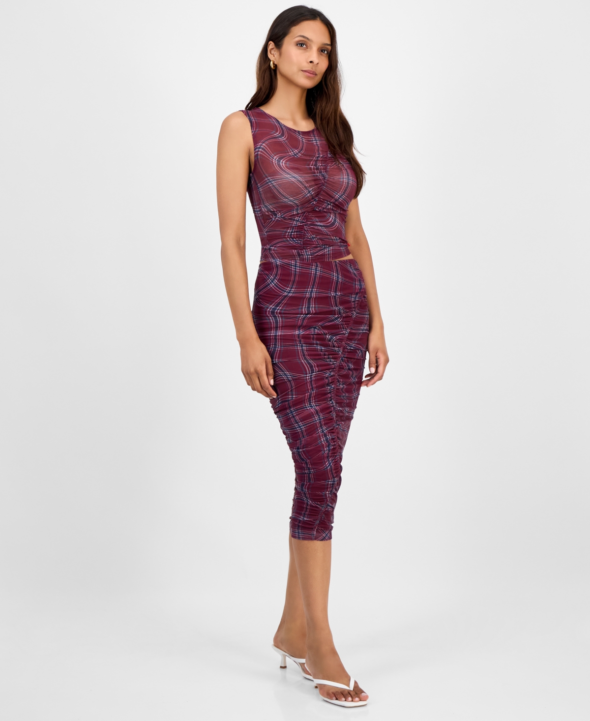 Bar Iii Women's Plaid Mesh Ruched Bodycon Midi Skirt, Macy's Exclusive In Multi