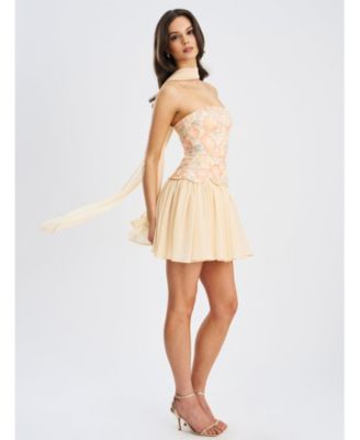 Women's Quanisha Yellow Beaded Floral Mini Chiffon Dress with Scarf