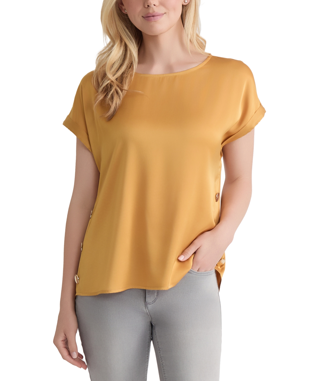 Jones New York Petite Hammered Satin Button-trim Blouse In Neutral