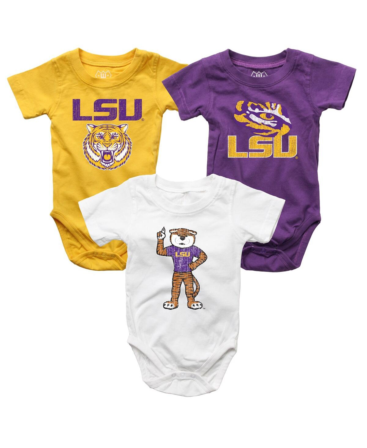 Wes & Willy Kids' Baby Boys And Girls 3-pack Purple/white/gold Lsu Tigers Bodysuit Set