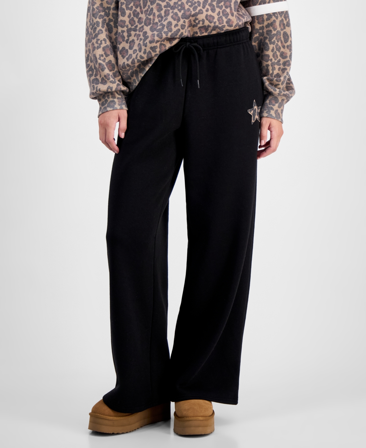 Madden Girl Juniors La Patch Leopard Print Sweatshirt Fleece Wide Leg Sweatpants In Multi