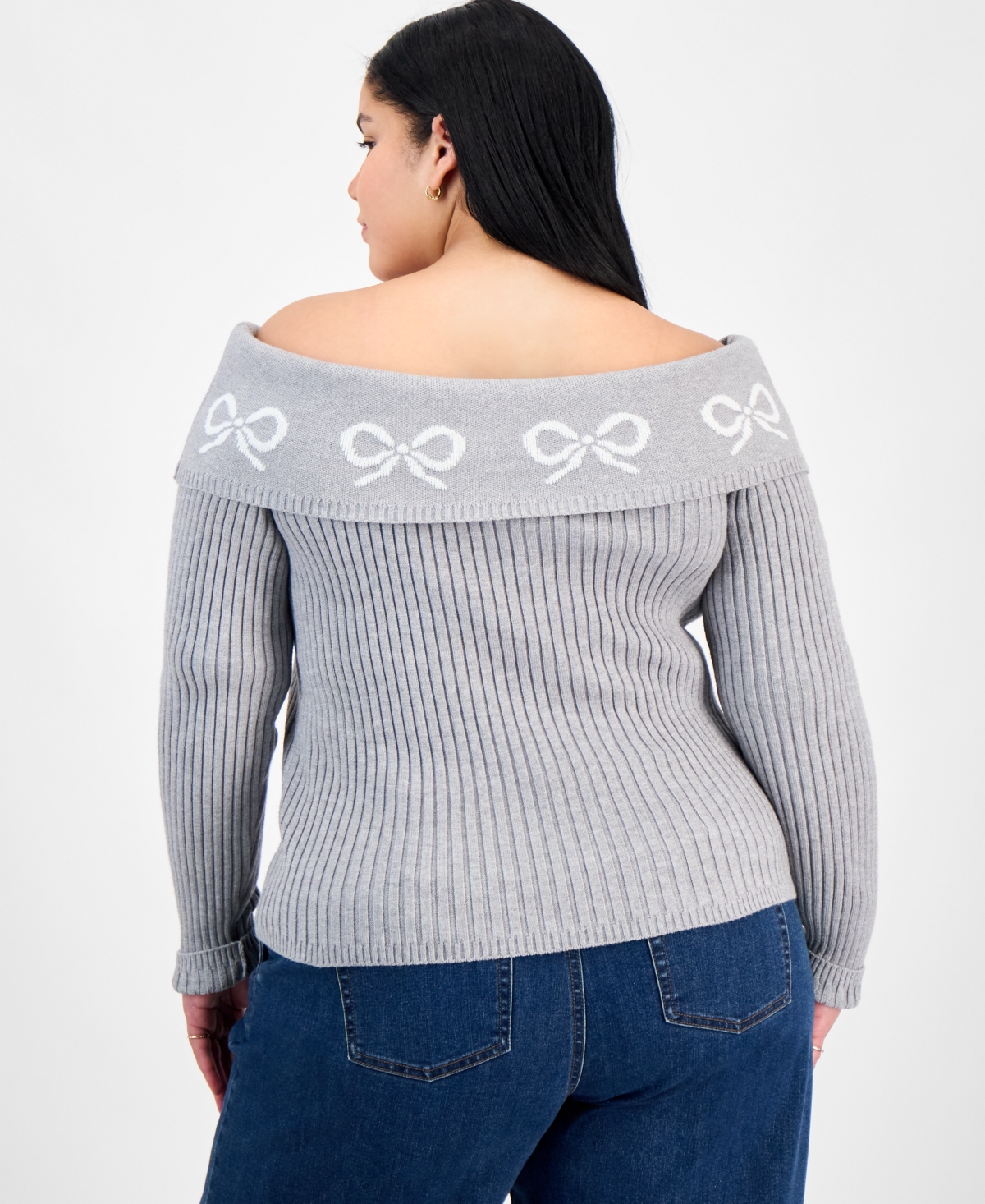 Madden Girl Trendy Plus Size Heart Off-the-shoulder Sweater In Gray