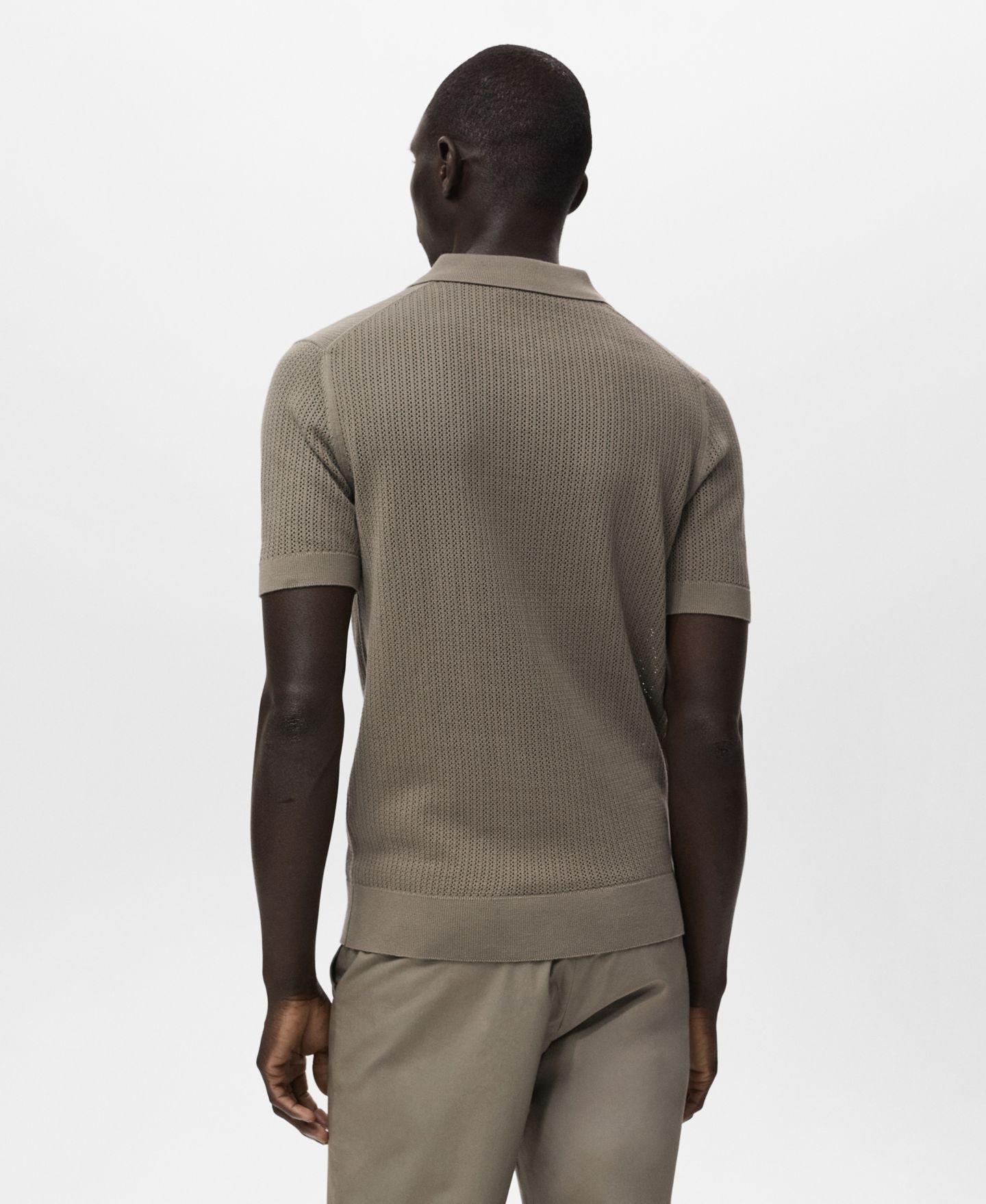 Мужское поло MANGO Openwork Knitted Cotton Polo Shirt, цвет: Тёмный зелёный — фото 4