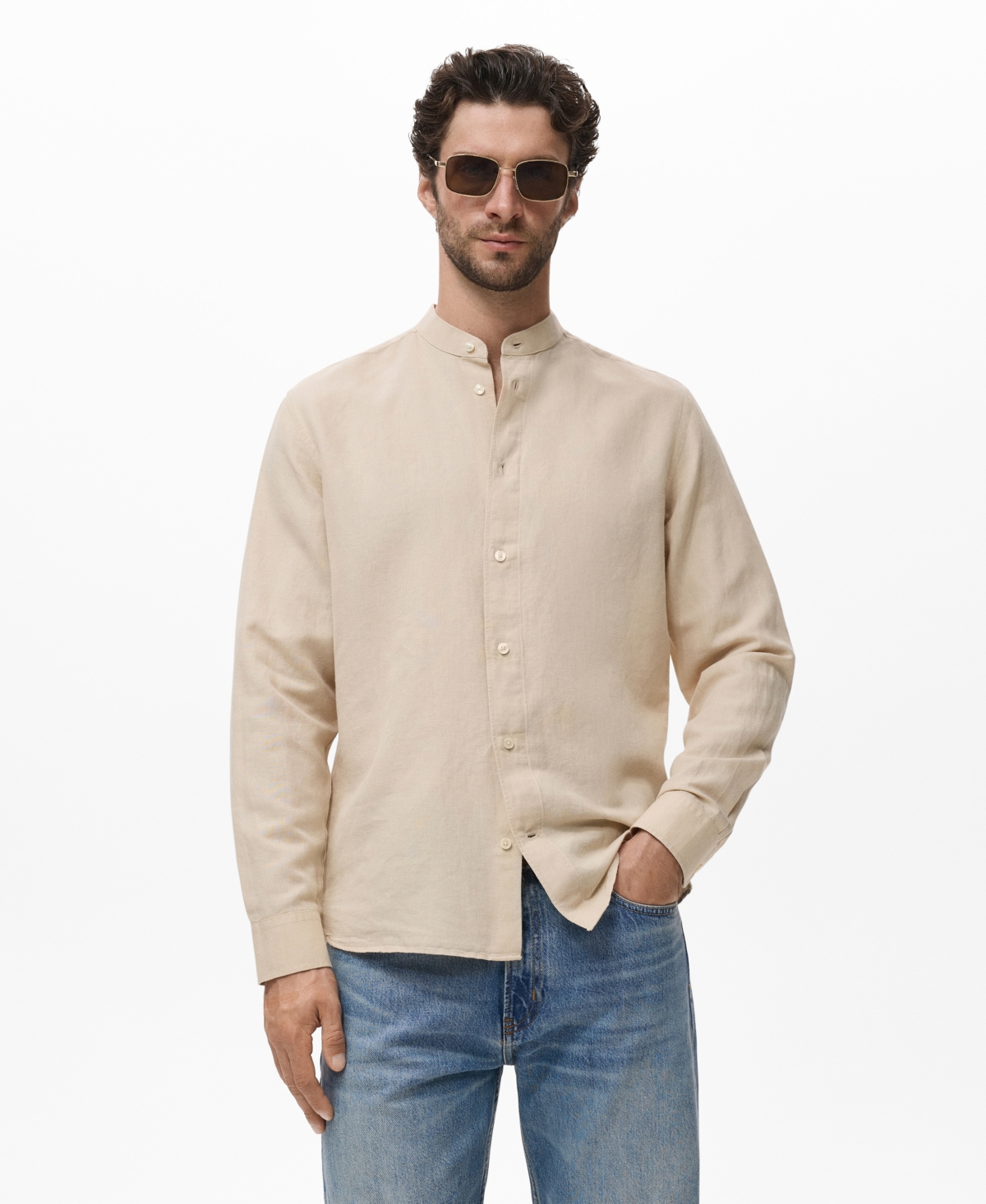 Men's Mao Collar Linen Shirt - Sand