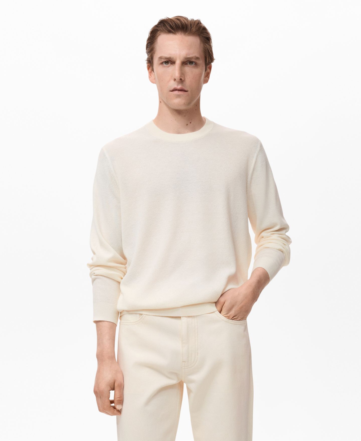 Мужской свитер MANGO Fine-Knit, цвет: Слоновая кость белый — фото 1