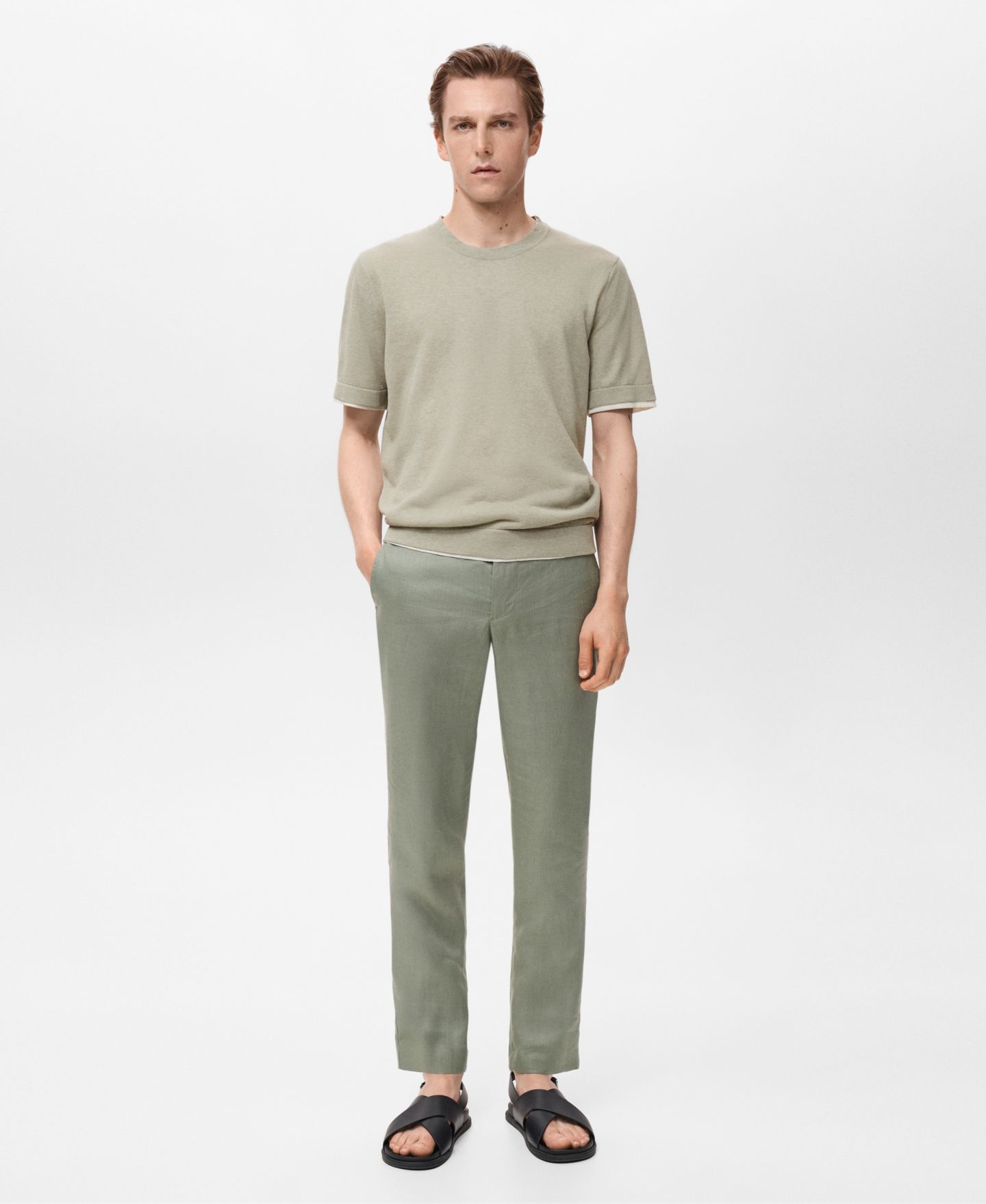 Мужская футболка Mango Contrasting Cotton-Blend, цвет: Хаки — фото 2