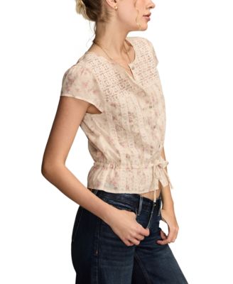 Women's Round-Neck Button-Front Tie Cotton Top 